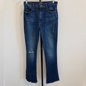 MOTHER High Waisted Runaway in Shine On Dark Blue Slim Flare Silhouette Hippie